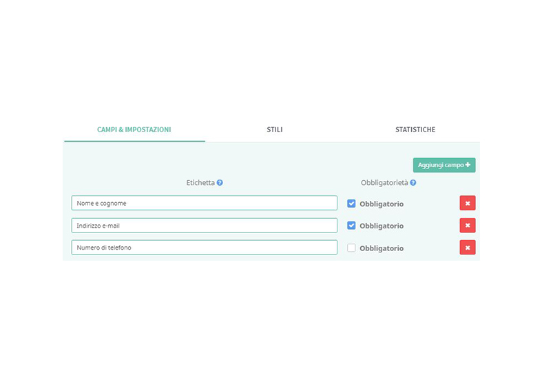Tre differenti form di contatto, un'unica interfaccia di configurazione: sei tu a scegliere quali e quanti campi andranno a comporre il modulo di contatto.